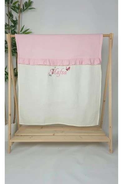 gros shop Müslin Yeni Doğan 4Katlı Organik %100Pamuk Kişiye Özgü Nakışlı Hastane Çıkış Seti(Kelebekli Papatya) - Resim 4