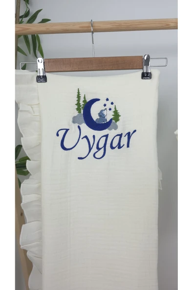 gros shop Müslin Yeni Doğan 4Katlı Organik %100Pamuk Kişiye Özgü Nakışlı Hastane Çıkış Seti (Kurt Model-2) - Resim 2