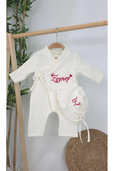 gros shop Müslin Yeni Doğan 4Katlı Organik %100Pamuk Kişiye Özgü Nakışlı Hastane Çıkış Seti(Kalpli Model-7) - Resim 2