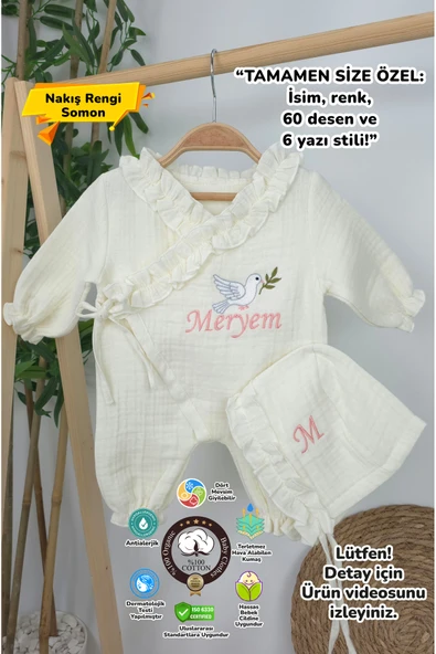 gros shop Müslin Yeni Doğan 4Katlı Organik %100Pamuk Kişiye Özgü Nakışlı Hastane Çıkış Setİ (Kuş Model-3) ürün görseli