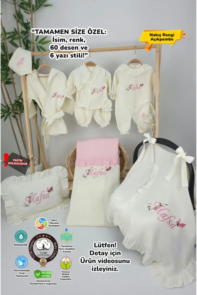 gros shop Müslin Yeni Doğan 4Katlı Organik %100Pamuk Kişiye Özgü Nakışlı Hastane Çıkış Seti(Kelebekli Papatya) ürün görseli