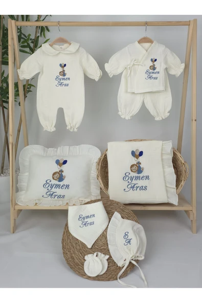 gros shop Müslin Yeni Doğan 4Katlı Organik %100Pamuk Kişiye Özgü Nakışlı Hastane Çıkış Seti (Balonlu Aslan-3) - Resim 2