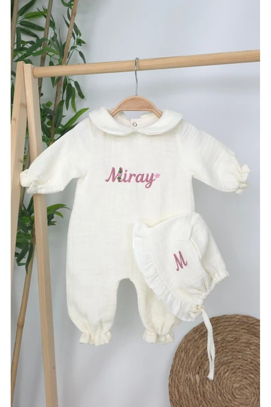 gros shop Müslin Yeni Doğan 4Katlı Organik %100Pamuk Kişiye Özgü Nakışlı Hastane Çıkış Seti (Papatya Model-12) - Resim 2