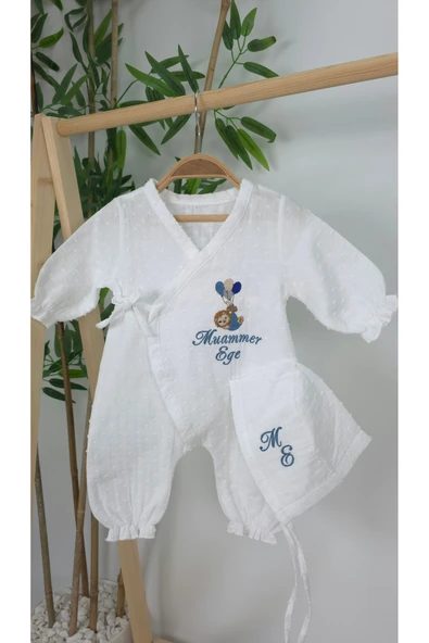 gros shop Müslin Yeni Doğan 4Katlı Organik %100Pamuk Kişiye Özgü Nakışlı Hastane Çıkış Seti (Balonlu Aslan) - Resim 2
