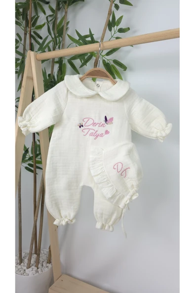 gros shop Müslin Yeni Doğan 4Katlı Organik %100Pamuk Kişiye Özgü Nakışlı Hastane Çıkış Seti-İkili Kelebek - Resim 2