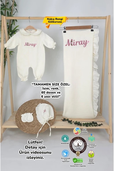 gros shop Müslin Yeni Doğan 4Katlı Organik %100Pamuk Kişiye Özgü Nakışlı Hastane Çıkış Seti (Papatya Model-12) - 1