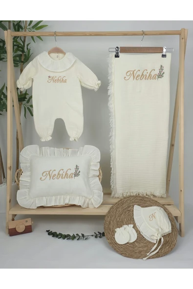 gros shop Müslin Yeni Doğan 4Katlı Organik %100Pamuk Kişiye Özgü Nakışlı Hastane Çıkış Seti (Dallı Papatya) - Resim 2