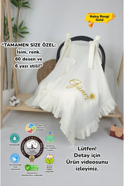 gros shop Müslin Yeni Doğan 4Katlı Organik %100Pamuk Kişiye Özgü Nakışlı Hastane Çıkış Seti (Güneş Model-2) ürün görseli