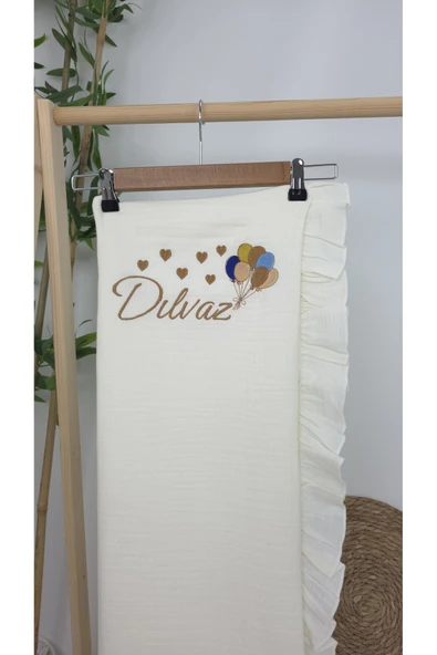 gros shop Müslin Yeni Doğan 4Katlı Organik %100Pamuk Kişiye Özgü Nakışlı Hastane Çıkış Seti (Çoklu Balon) - Resim 3