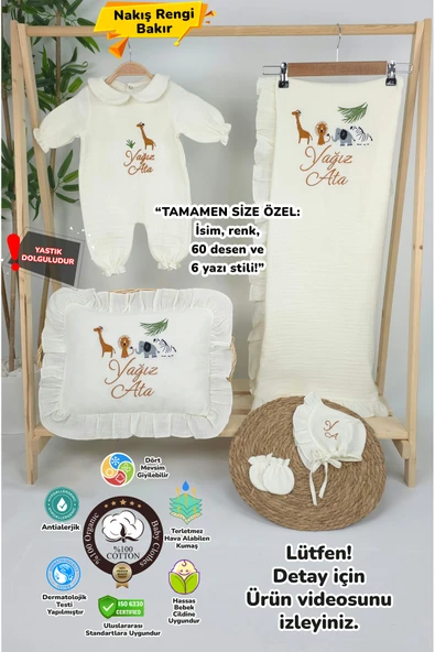 gros shop Müslin Yeni Doğan 4Katlı Organik %100Pamuk Kişiye Özgü Nakışlı Hastane Çıkış Seti (Safari Model-3) ürün görseli