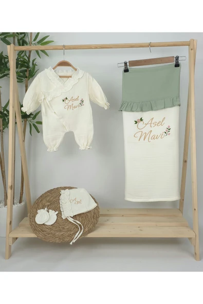gros shop Müslin Yeni Doğan 4Katlı Organik %100Pamuk Kişiye Özgü Nakışlı Hastane Çıkış Seti (Güllü Model-5) - 2