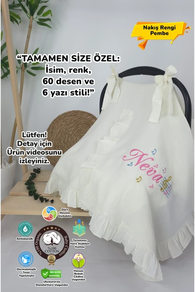 gros shop Müslin Yeni Doğan 4Katlı Organik %100Pamuk Kişiye Özgü Nakışlı Hastane Çıkış Seti (Nota Model) ürün görseli 1