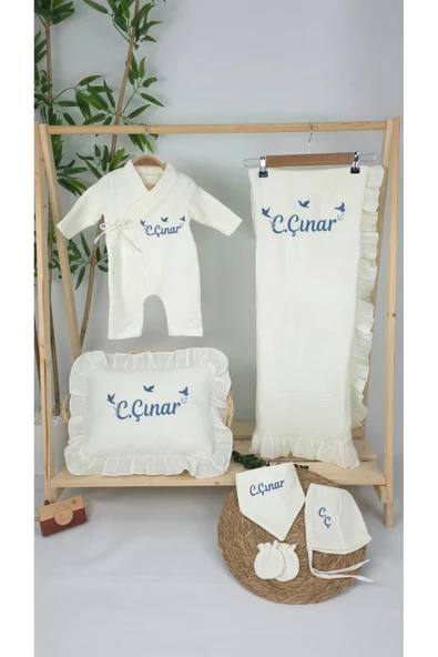 gros shop Müslin Yeni Doğan 4Katlı Organik %100Pamuk Kişiye Özgü Nakışlı Hastane Çıkış Seti-3'Lü Kuş Model - Resim 2