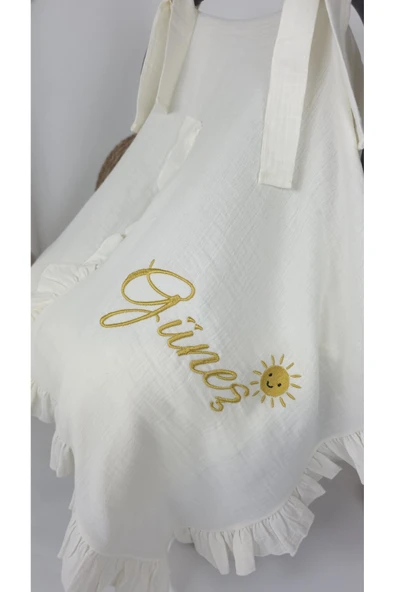 gros shop Müslin Yeni Doğan 4Katlı Organik %100Pamuk Kişiye Özgü Nakışlı Hastane Çıkış Seti (Güneş Model-2) - Resim 3