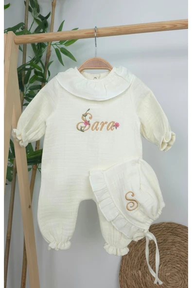 gros shop Müslin Yeni Doğan 4Katlı Organik %100Pamuk Kişiye Özgü Nakışlı Hastane Çıkış Seti (Papatya Model-13) - Resim 3