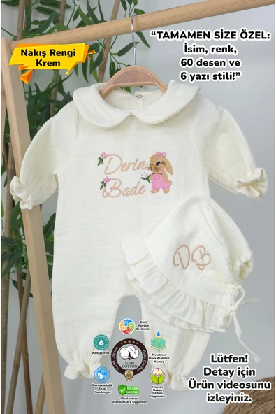 gros shop Müslin Yeni Doğan 4Katlı Organik %100Pamuk Kişiye Özgü Nakışlı Hastane Çıkış Seti(Tavşan Model-3) - 1