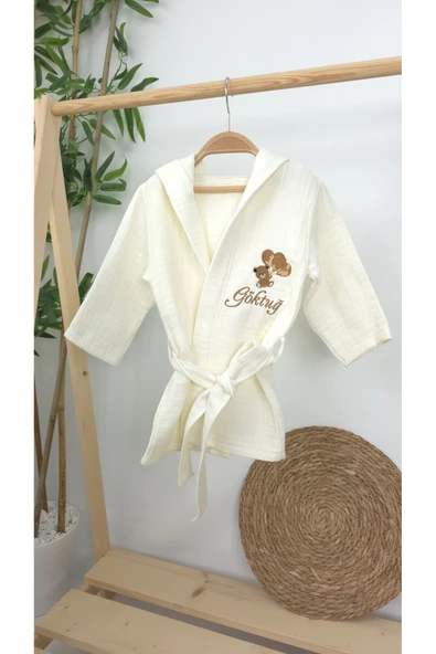 gros shop Müslin Yeni Doğan 4Katlı Organik %100Pamuk Kişiye Özgü Nakışlı 0-2 Yaş Bornoz (Ayıcıklı) - 4