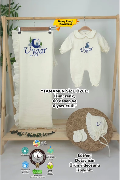gros shop Müslin Yeni Doğan 4Katlı Organik %100Pamuk Kişiye Özgü Nakışlı Hastane Çıkış Seti (Kurt Model-2) ürün görseli