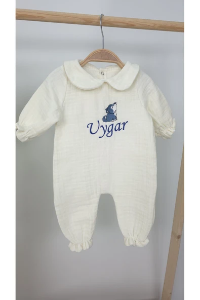 gros shop Müslin Yeni Doğan 4Katlı Organik %100Pamuk Kişiye Özgü Nakışlı Hastane Çıkış Seti (Kurt Model-2) - Resim 3