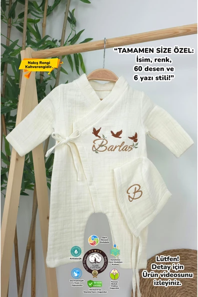 gros shop Müslin Yeni Doğan 4Katlı Organik %100Pamuk Kişiye Özgü Nakışlı Hastane Çıkış Seti(3'lü Kelebk Model) ürün görseli