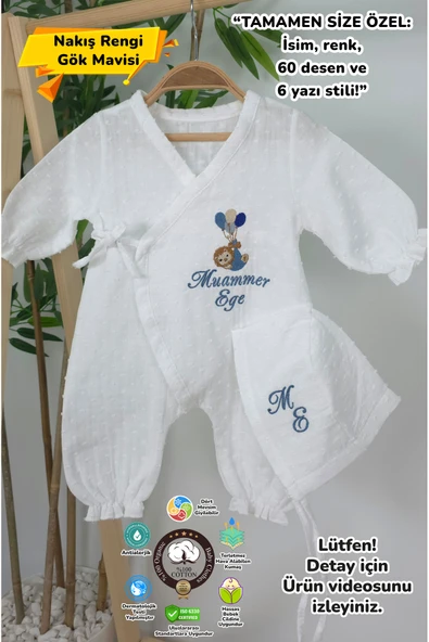 gros shop Müslin Yeni Doğan 4Katlı Organik %100Pamuk Kişiye Özgü Nakışlı Hastane Çıkış Seti (Balonlu Aslan) ürün görseli