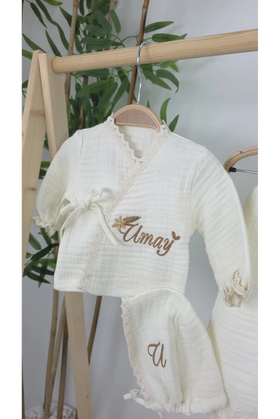 gros shop Müslin Yeni Doğan 4Katlı Organik %100Pamuk Kişiye Özgü Nakışlı Hastane Çıkış Seti(Gökkuşağı Model1) - Resim 4