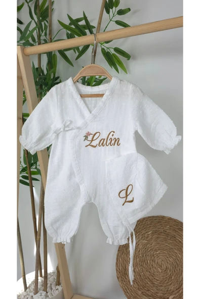 gros shop Müslin Yeni Doğan 4Katlı Organik %100Pamuk Kişiye Özgü Nakışlı Hastane Çıkış Seti-Papatya Model1 - Resim 2