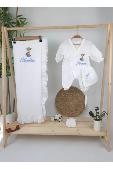 gros shop Müslin Yeni Doğan 4Katlı Organik %100Pamuk Kişiye Özgü Nakışlı Hastane Çıkış Seti-Ayıcık Model - 2