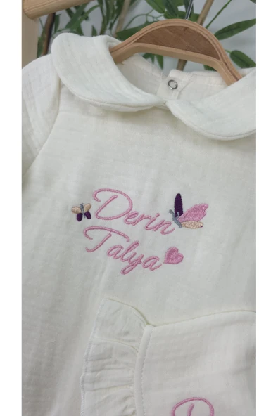 gros shop Müslin Yeni Doğan 4Katlı Organik %100Pamuk Kişiye Özgü Nakışlı Hastane Çıkış Seti-İkili Kelebek - Resim 3