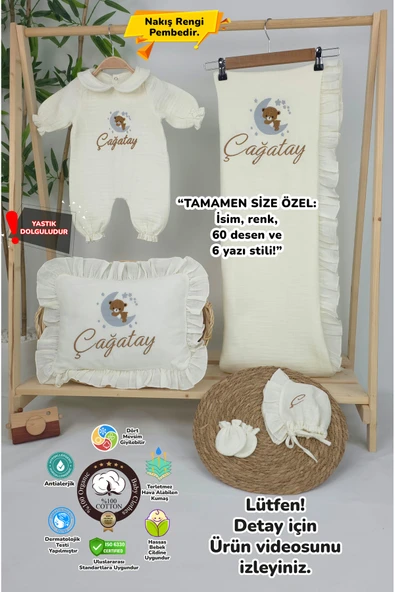 gros shop Müslin Yeni Doğan 4Katlı Organik %100Pamuk Kişiye Özgü Nakışlı Hastane Çıkış Seti (Ayıcık Model 4) ürün görseli