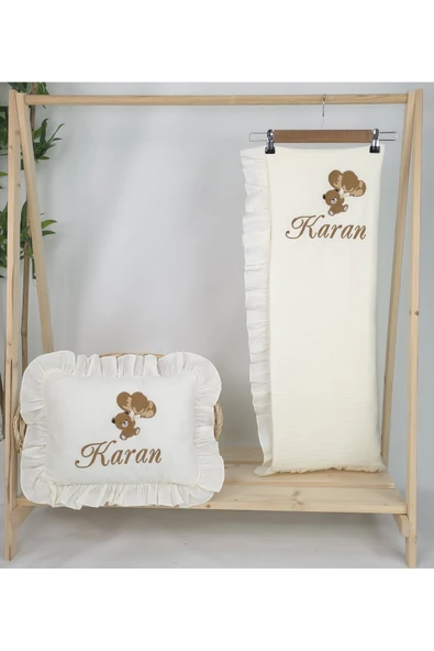 gros shop Müslin Yeni Doğan 4Katlı Organik %100Pamuk Kişiye Özgü Nakışlı Hastane Çıkış Seti (Ayıcık Model-6) - 3