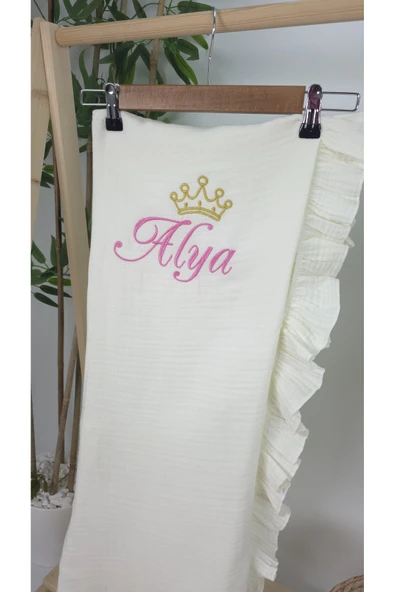 gros shop Müslin Yeni Doğan 4Katlı Organik %100Pamuk Kişiye Özgü Nakışlı Hastane Çıkış Seti-Taçlı Gold - Resim 3