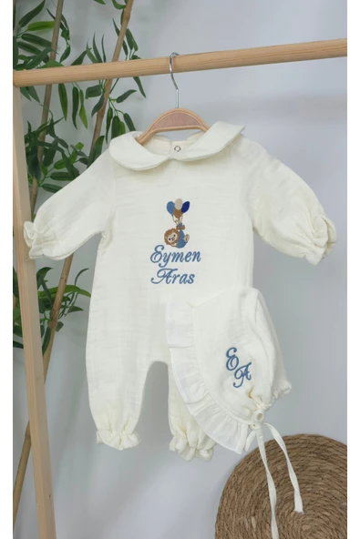 gros shop Müslin Yeni Doğan 4Katlı Organik %100Pamuk Kişiye Özgü Nakışlı Hastane Çıkış Seti (Balonlu Aslan-3) - Resim 4