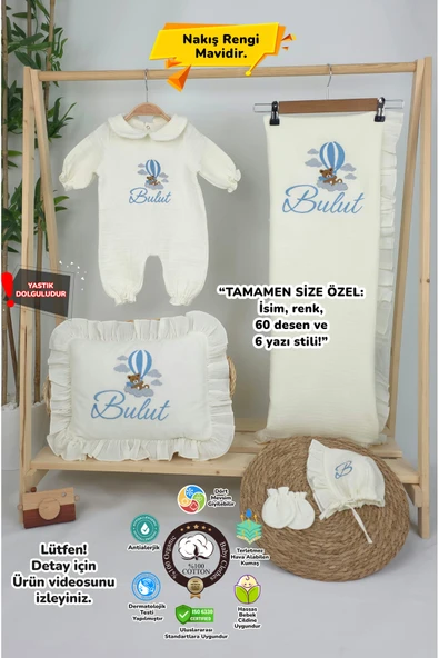 gros shop Müslin Yeni Doğan 4Katlı Organik %100Pamuk Kişiye Özgü Nakışlı Hastane Çıkış Seti (Ayıcık Model-3) ürün görseli