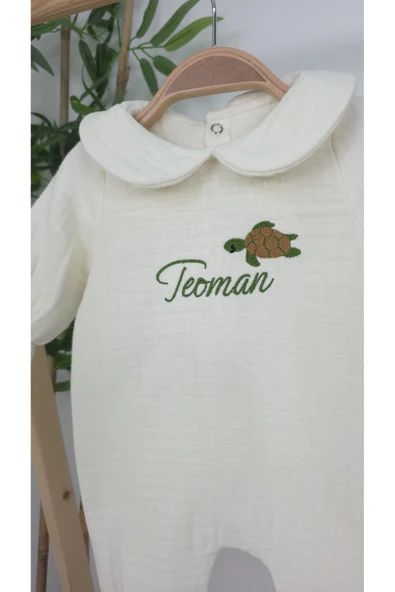 gros shop Müslin Yeni Doğan 4Katlı Organik %100Pamuk Kişiye Özgü Nakışlı Hastane Çıkış Seti (Kablunbağa Model) - Resim 3