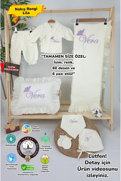 gros shop - Müslin Yeni Doğan 4Katlı Organik %100Pamuk Kişiye Özgü Nakışlı Hastane Çıkış Seti(Tekli Kelebek-1) ürün görseli
