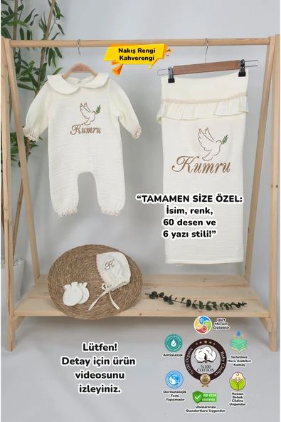 gros shop Müslin Yeni Doğan 4Katlı Organik %100Pamuk Kişiye Özgü Nakışlı Hastane Çıkış Seti (Kuş Model-2) ürün görseli