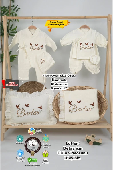 gros shop Müslin Yeni Doğan 4Katlı Organik %100Pamuk Kişiye Özgü Nakışlı Hastane Çıkış Seti(3'lü Kelebk Model) ürün görseli