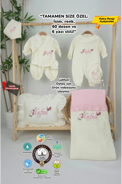 gros shop Müslin Yeni Doğan 4Katlı Organik %100Pamuk Kişiye Özgü Nakışlı Hastane Çıkış Seti(Kelebekli Papatya) ürün görseli