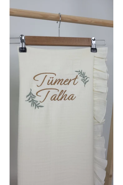 gros shop Müslin Yeni Doğan 4Katlı Organik %100Pamuk Kişiye Özgü Nakışlı Hastane Çıkış Seti(İki Dallı Model-2) - Resim 3