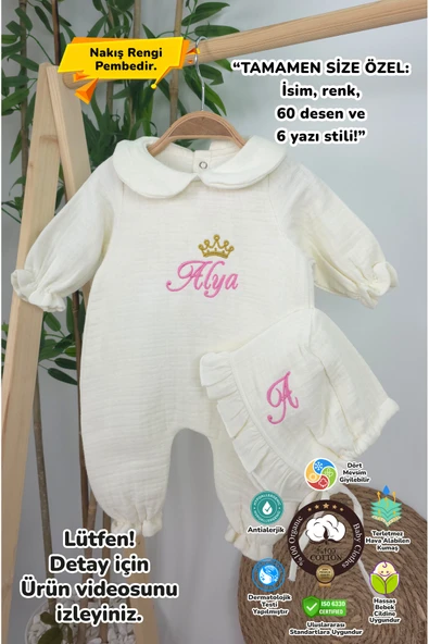 gros shop Müslin Yeni Doğan 4Katlı Organik %100Pamuk Kişiye Özgü Nakışlı Hastane Çıkış Seti-Taçlı Gold - 1
