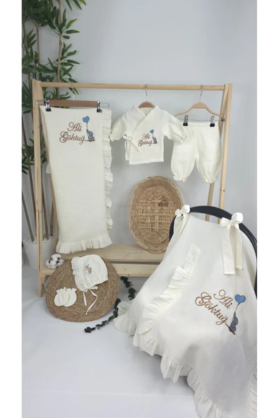 gros shop Müslin Yeni Doğan 4Katlı Organik %100Pamuk Kişiye Özgü Nakışlı Hastane Çıkış Seti-Kahverengi-Filli - Resim 2