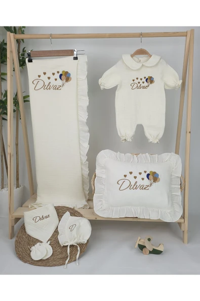 gros shop Müslin Yeni Doğan 4Katlı Organik %100Pamuk Kişiye Özgü Nakışlı Hastane Çıkış Seti (Çoklu Balon) - Resim 2