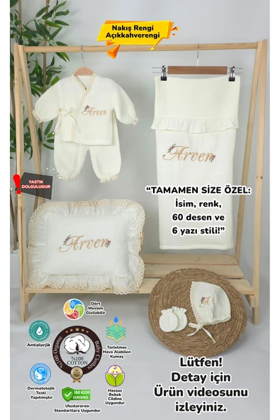 gros shop Müslin Yeni Doğan 4Katlı Organik %100Pamuk Kişiye Özgü Nakışlı Hastane Çıkış Seti-Papatya ürün görseli