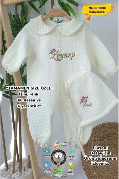 gros shop Müslin Yeni Doğan 4Katlı Organik %100Pamuk Kişiye Özgü Nakışlı Hastane Çıkış Seti (Papatya-3) ürün görseli