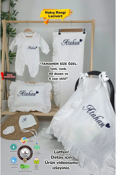 gros shop Müslin Yeni Doğan 2Katlı Organik %100Pamuk Kişiye Özgü Nakışlı Hastane Çıkış Seti (Kalpli Model-2) ürün görseli