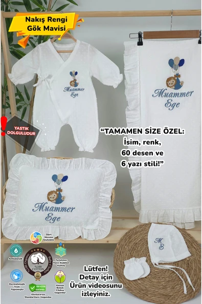 gros shop Müslin Yeni Doğan 4Katlı Organik %100Pamuk Kişiye Özgü Nakışlı Hastane Çıkış Seti (Balonlu Aslan) ürün görseli