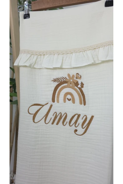 gros shop Müslin Yeni Doğan 4Katlı Organik %100Pamuk Kişiye Özgü Nakışlı Hastane Çıkış Seti(Gökkuşağı Model1) - Resim 3