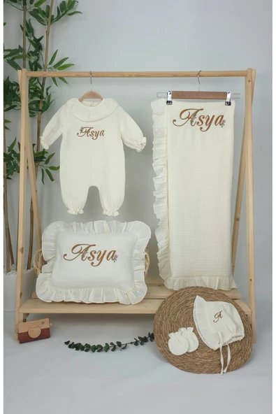 gros shop Müslin Yeni Doğan 4Katlı Organik %100Pamuk Kişiye Özgü Nakışlı Hastane Çıkış Seti(Papatya Model-4) - Resim 2