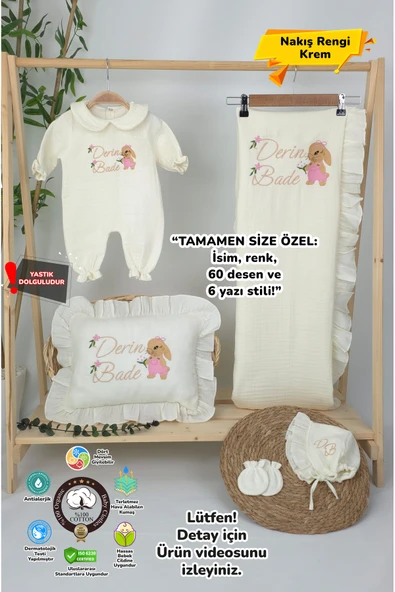gros shop Müslin Yeni Doğan 4Katlı Organik %100Pamuk Kişiye Özgü Nakışlı Hastane Çıkış Seti(Tavşan Model-3) ürün görseli